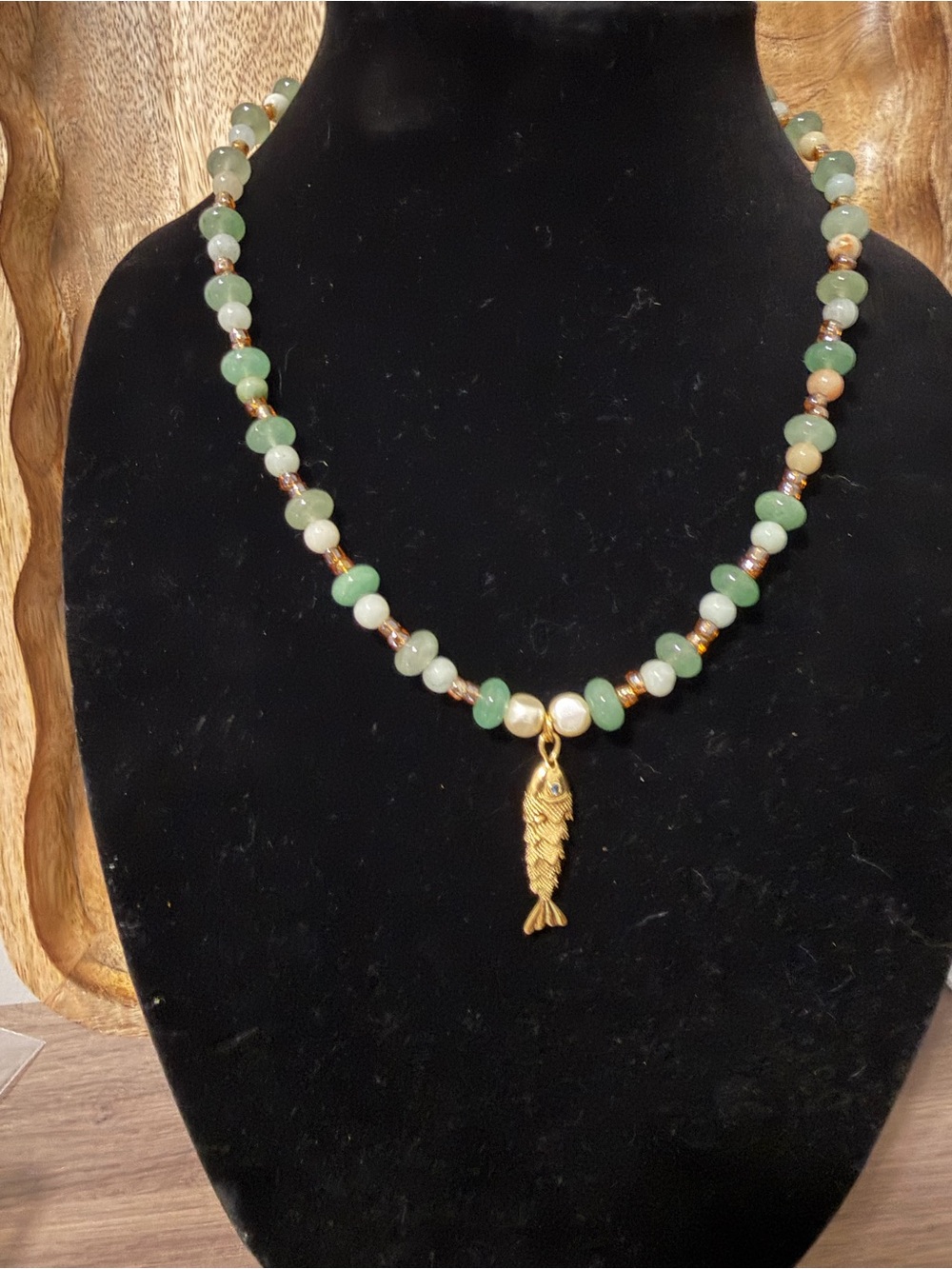 Green Beaded Necklace with Gold Fish Pendant - Artisan Women Jewelry
